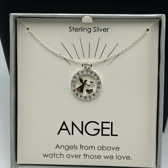 Sterling Silver Angel Necklace CZ Heart Circle Pendant Gift Boxed Jewelry - Picture 1 of 9